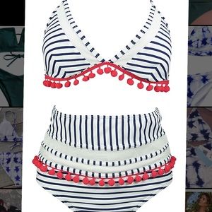Mesh Striped High Waist Bikini Set Tassel Trim Top